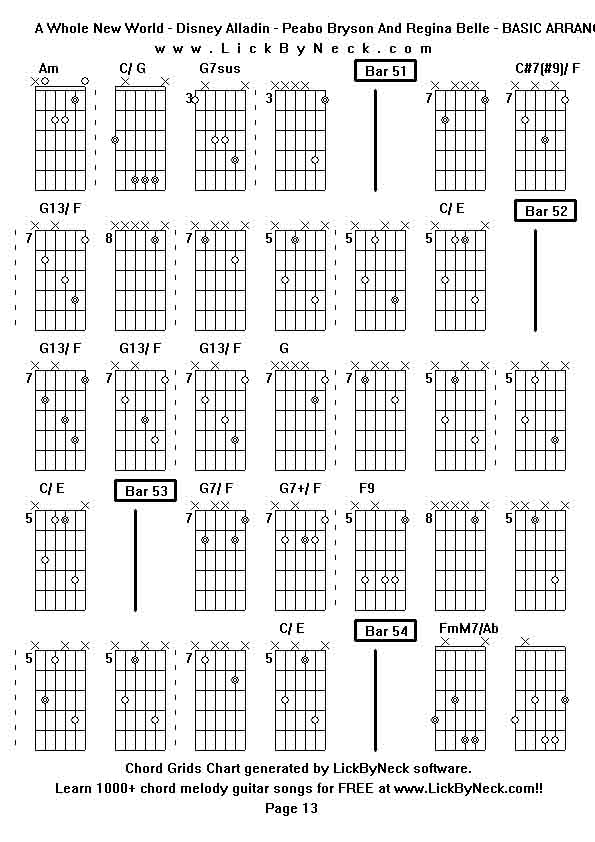 Chord Grids Chart of chord melody fingerstyle guitar song-A Whole New World - Disney Alladin - Peabo Bryson And Regina Belle - BASIC ARRANGEMENT,generated by LickByNeck software.